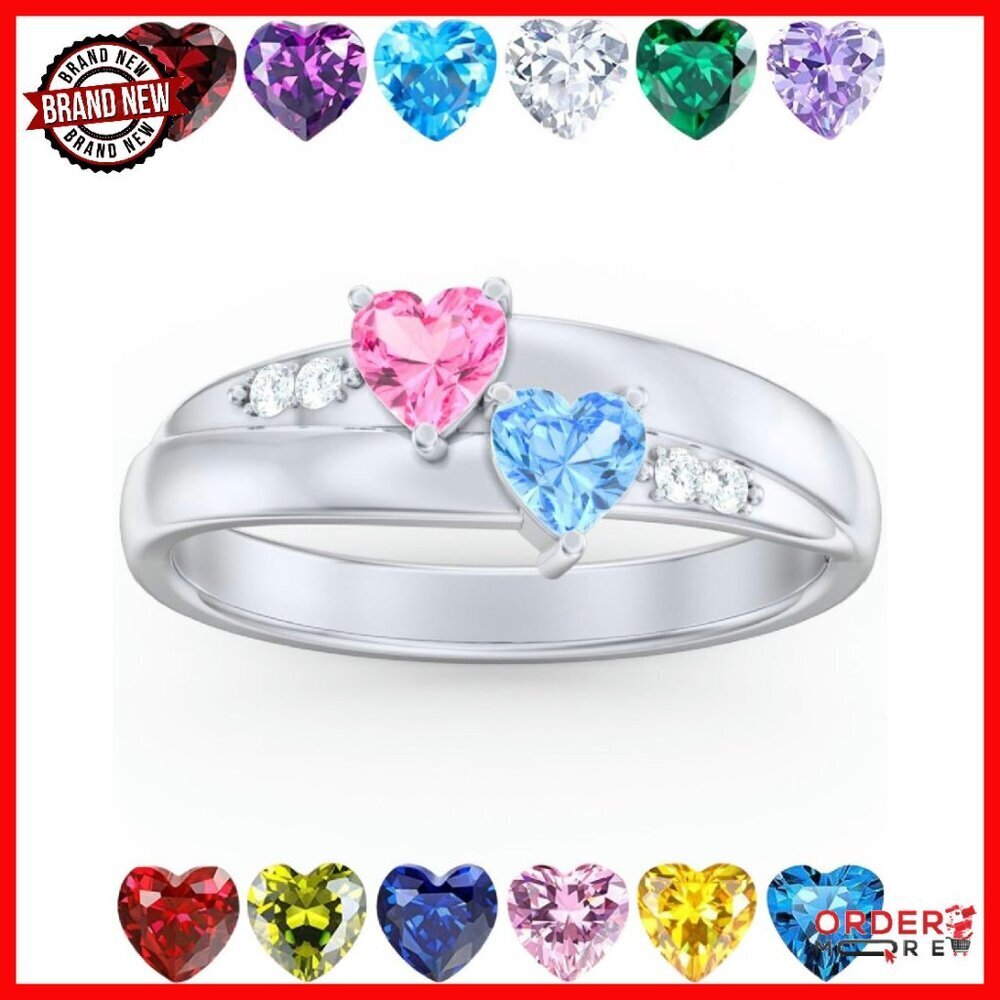 Sterling Silver Promise Ring with 2 Birthstones, Size 7, Custom Engraved